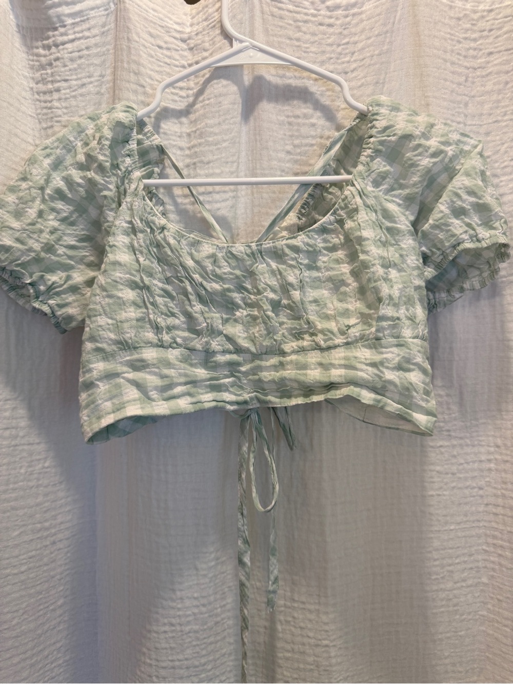 RSQ Pale Mint Striped Puff Sleeve Tie-Front Crop Top 100% Cotton